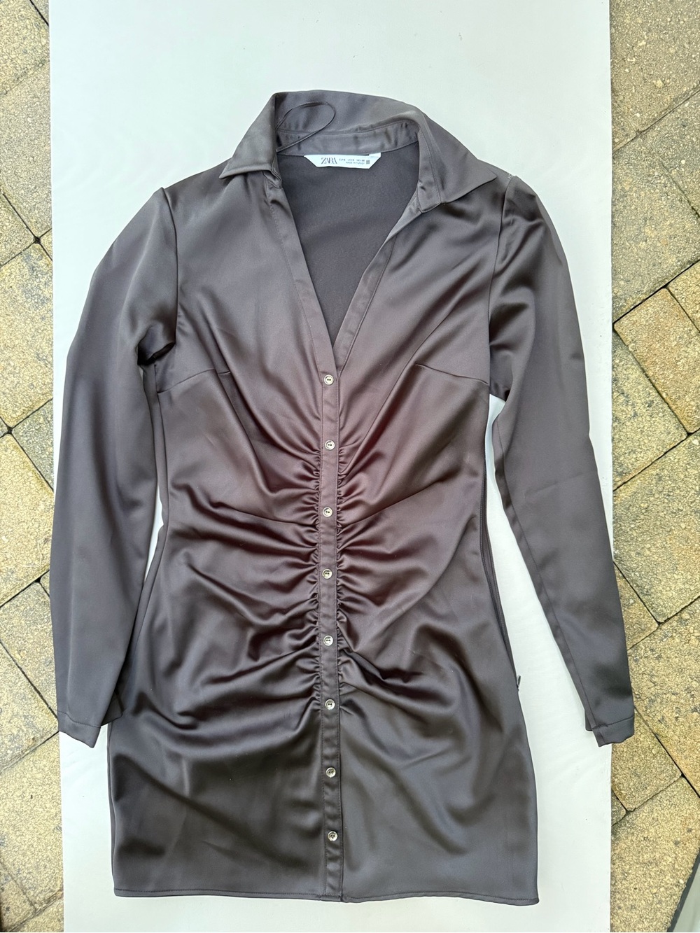 Zara Black Ruched Front Long Sleeve Shirt Dress